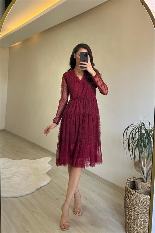 Dipmoda kadın kruvaze yaka dantelli tül elbise NM010