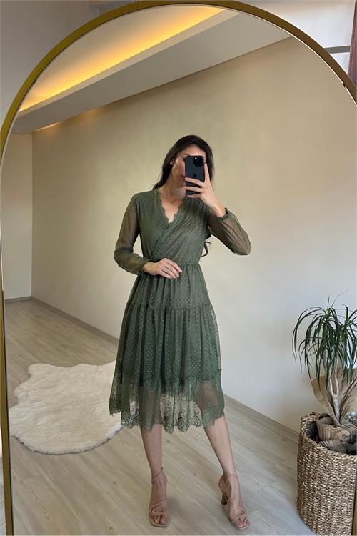 Dipmoda kadın kruvaze yaka dantelli tül elbise NM010