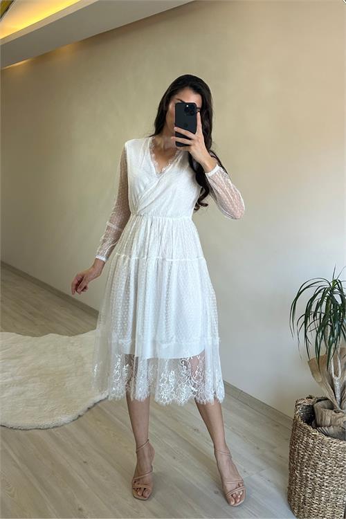 Dipmoda kadın kruvaze yaka dantelli tül elbise NM010