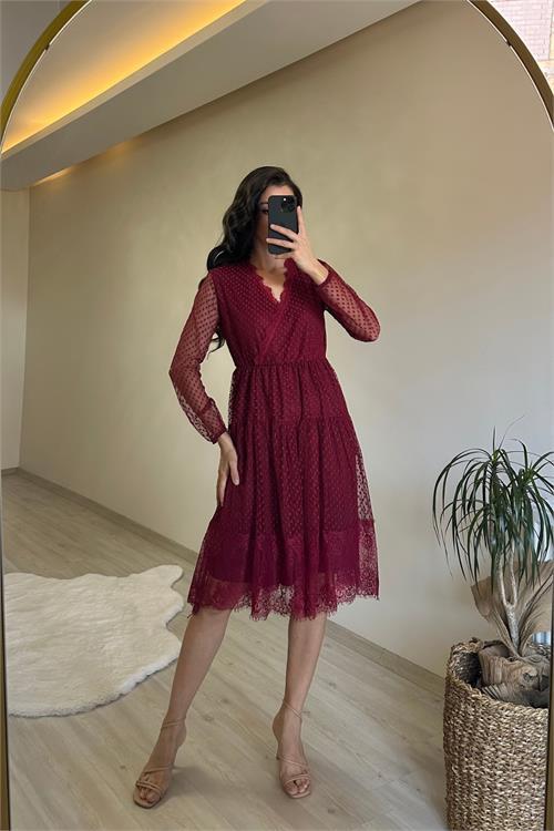 Dipmoda kadın kruvaze yaka dantelli tül elbise NM010