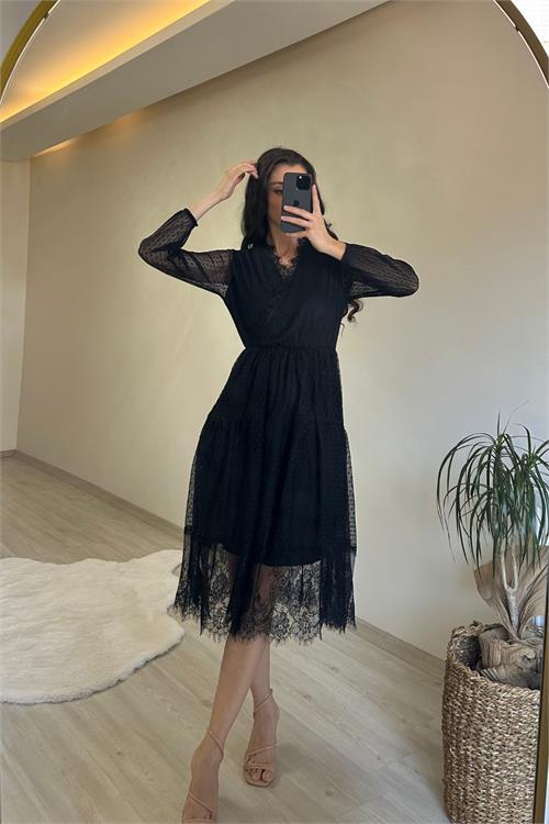 Dipmoda kadın kruvaze yaka dantelli tül elbise NM010