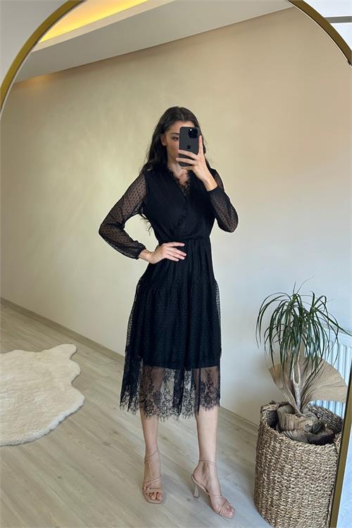 Dipmoda kadın kruvaze yaka dantelli tül elbise NM010