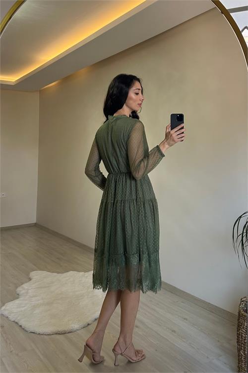 Dipmoda kadın kruvaze yaka dantelli tül elbise NM010