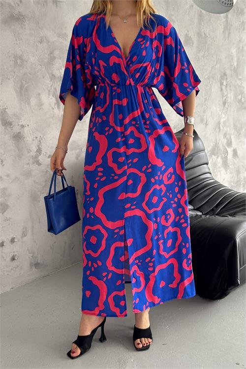 Dipmoda kadın kruvaze yaka desenli dokuma viskon elbise NBK2091 