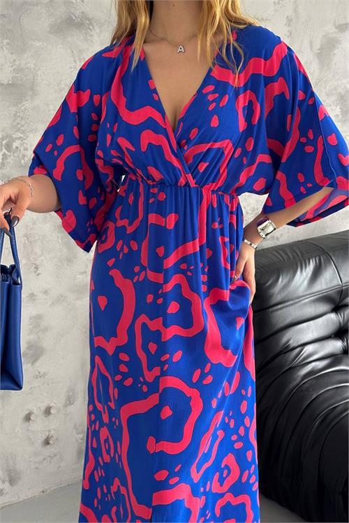 Dipmoda kadın kruvaze yaka desenli dokuma viskon elbise NBK2091 