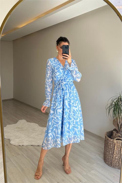 Dipmoda kadın kruvaze yaka desenli midi boy şifon elbise NM016