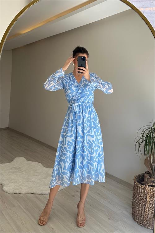 Dipmoda kadın kruvaze yaka desenli midi boy şifon elbise NM016