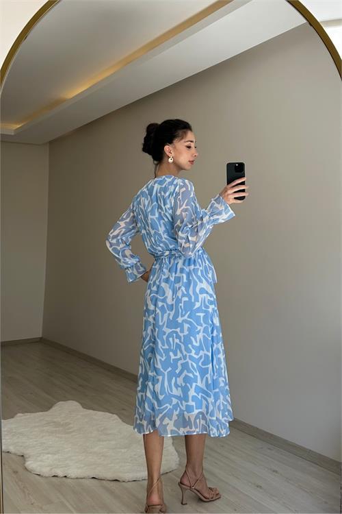 Dipmoda kadın kruvaze yaka desenli midi boy şifon elbise NM016