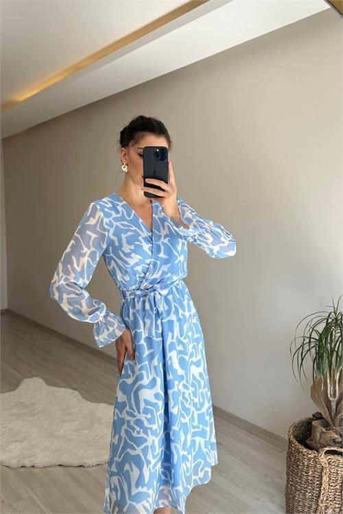 Dipmoda kadın kruvaze yaka desenli midi boy şifon elbise NM016