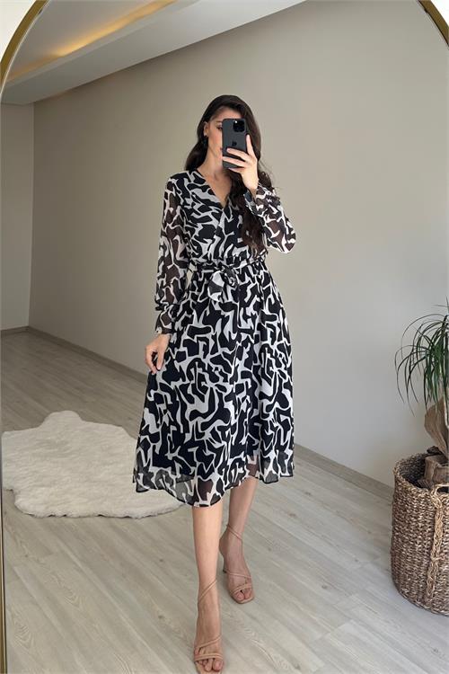 Dipmoda kadın kruvaze yaka desenli midi boy şifon elbise NM016