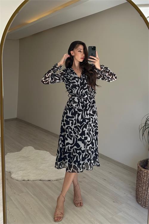 Dipmoda kadın kruvaze yaka desenli midi boy şifon elbise NM016