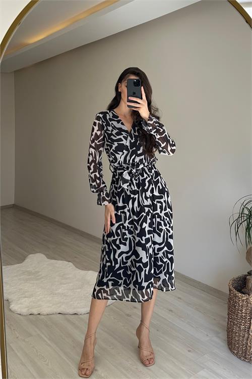 Dipmoda kadın kruvaze yaka desenli midi boy şifon elbise NM016