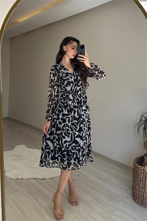 Dipmoda kadın kruvaze yaka desenli midi boy şifon elbise NM016
