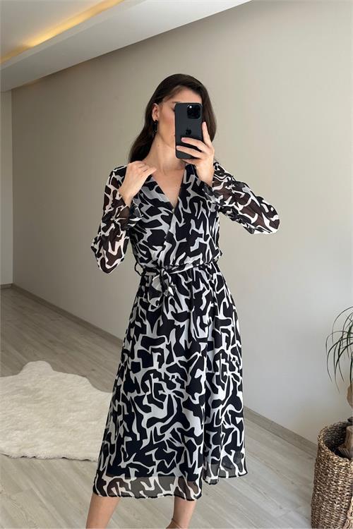 Dipmoda kadın kruvaze yaka desenli midi boy şifon elbise NM016