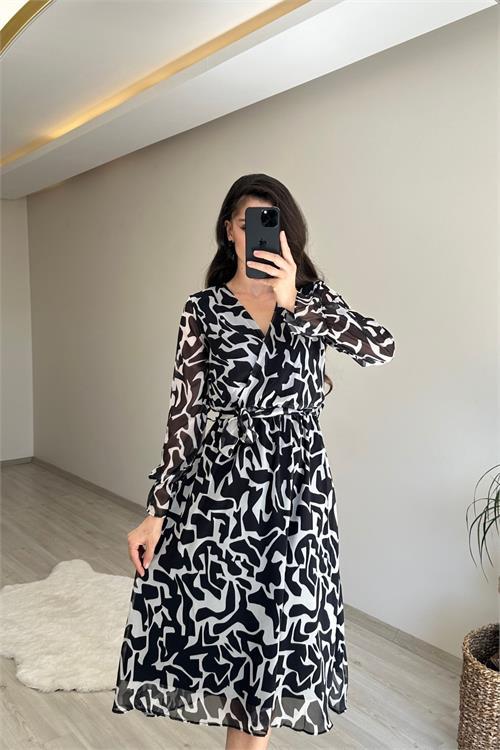 Dipmoda kadın kruvaze yaka desenli midi boy şifon elbise NM016