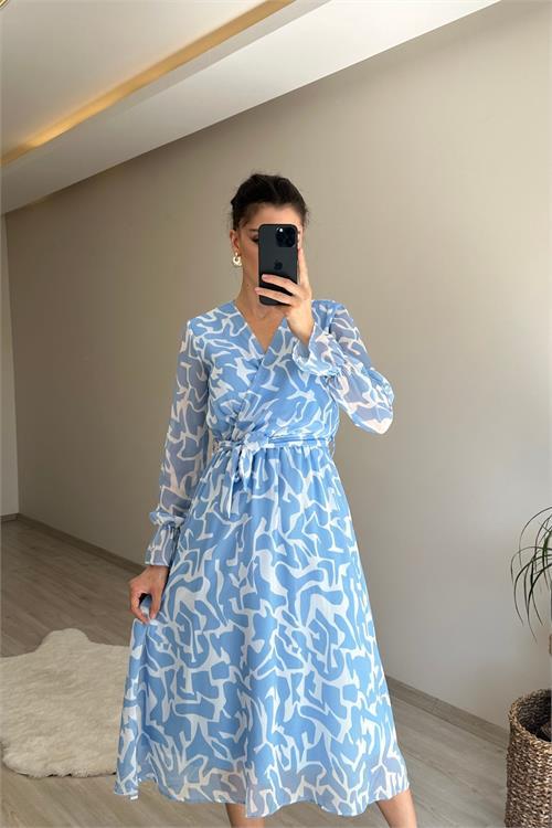 Dipmoda kadın kruvaze yaka desenli midi boy şifon elbise NM016