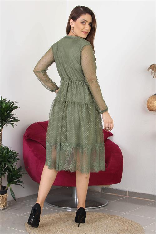 Dipmoda kadın kruvaze yaka eteği güpür detaylı yeni sezon elbise APCX10 