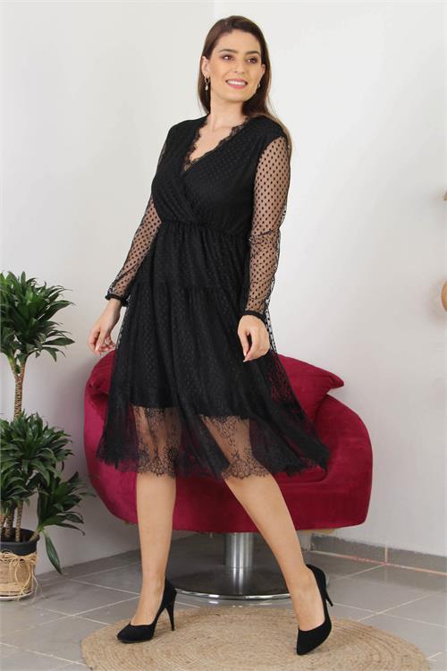 Dipmoda kadın kruvaze yaka eteği güpür detaylı yeni sezon elbise APCX10 