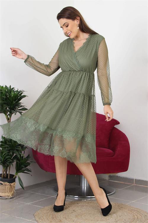 Dipmoda kadın kruvaze yaka eteği güpür detaylı yeni sezon elbise APCX10 