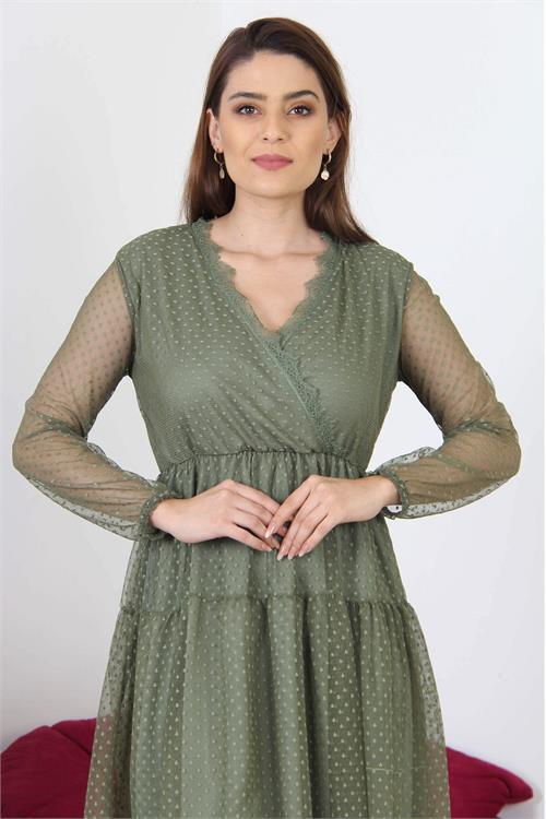 Dipmoda kadın kruvaze yaka eteği güpür detaylı yeni sezon elbise APCX10 