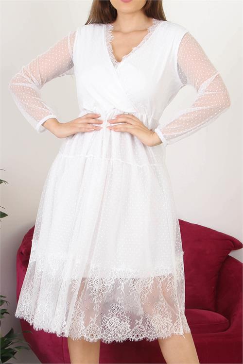 Dipmoda kadın kruvaze yaka eteği güpür detaylı yeni sezon elbise APCX10 