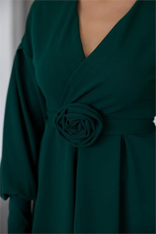 Dipmoda kadın kruvaze yaka gül detaylı örme elbise NBMY3636