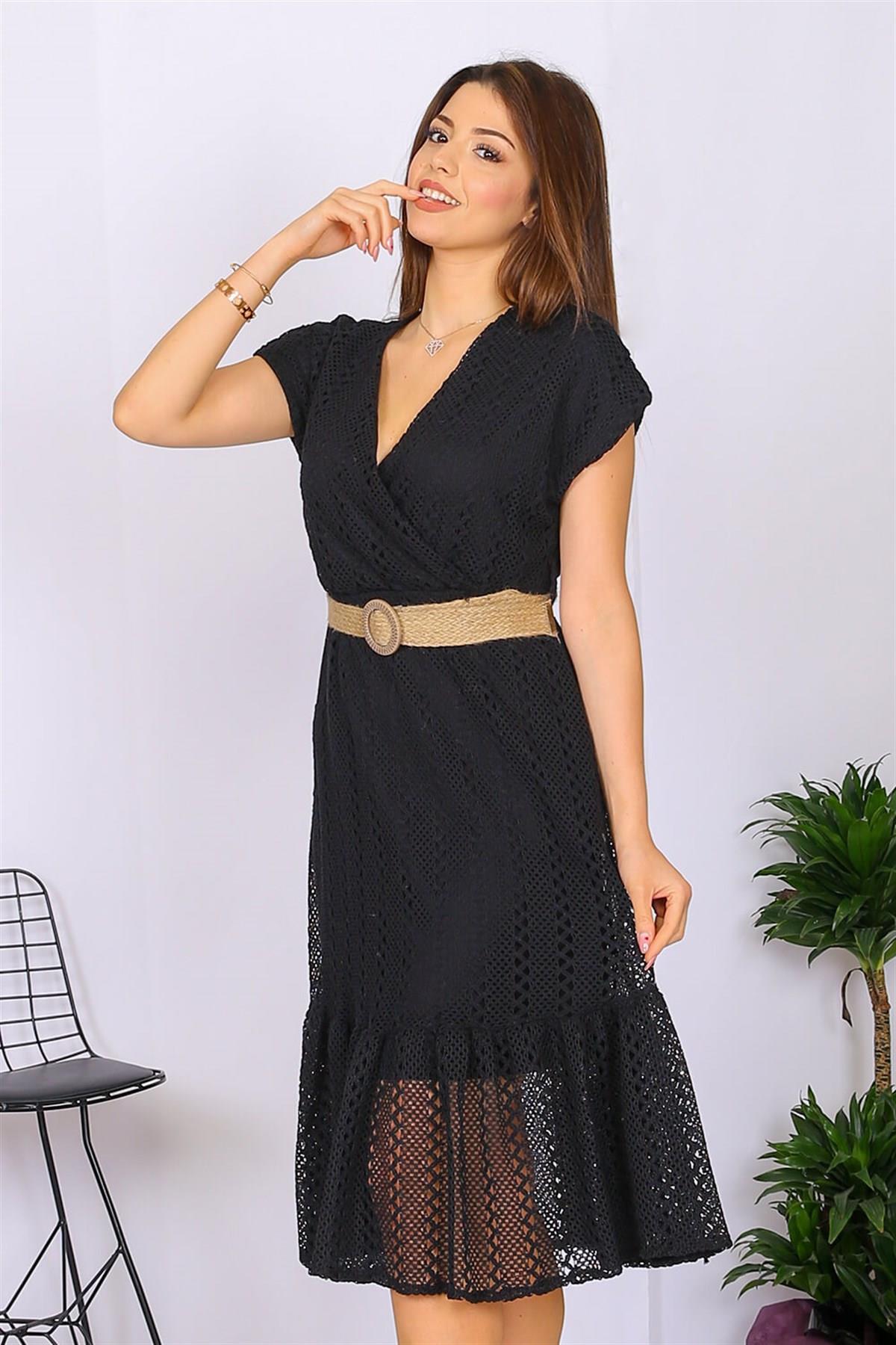 Dipmoda kadın kruvaze yaka kemer detaylı yazlık elbise DK0001