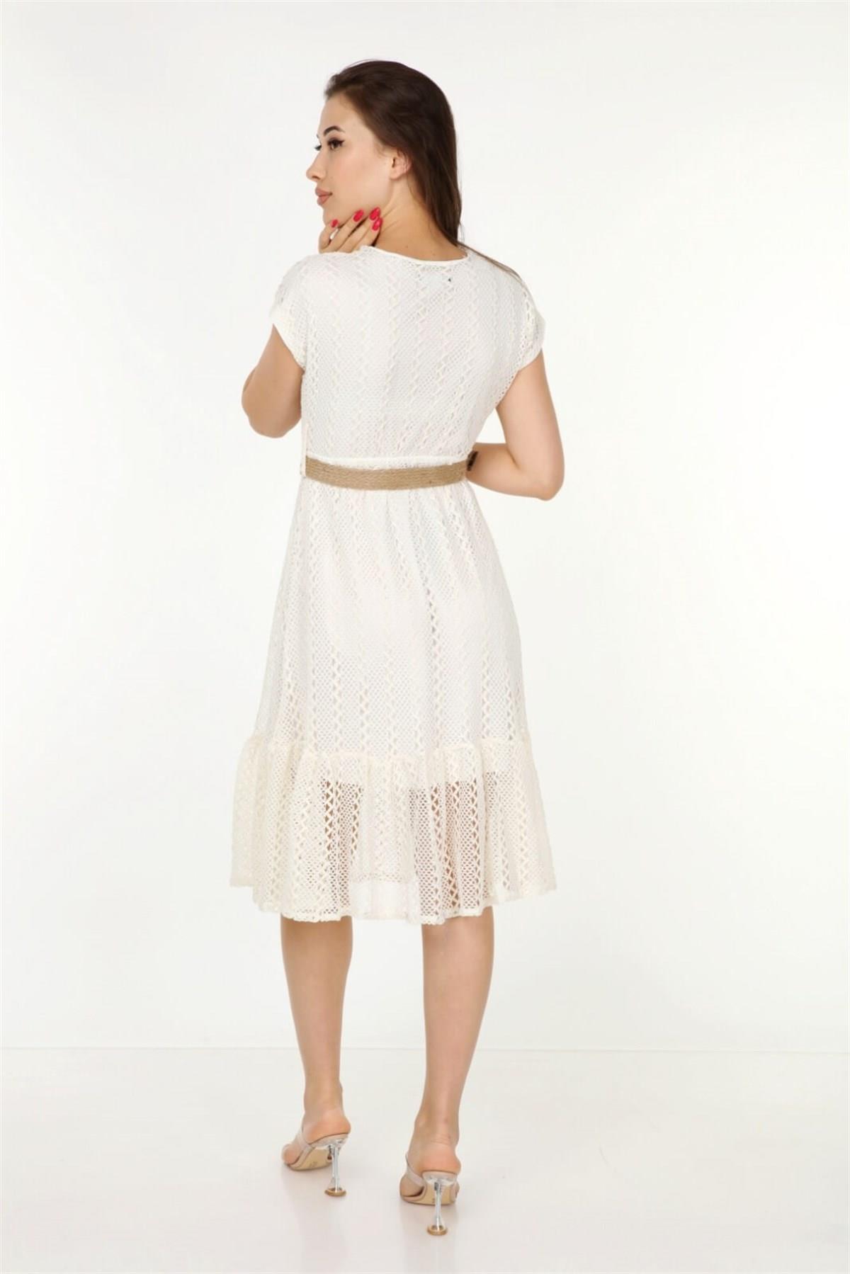 Dipmoda kadın kruvaze yaka kemer detaylı yazlık elbise DK0001