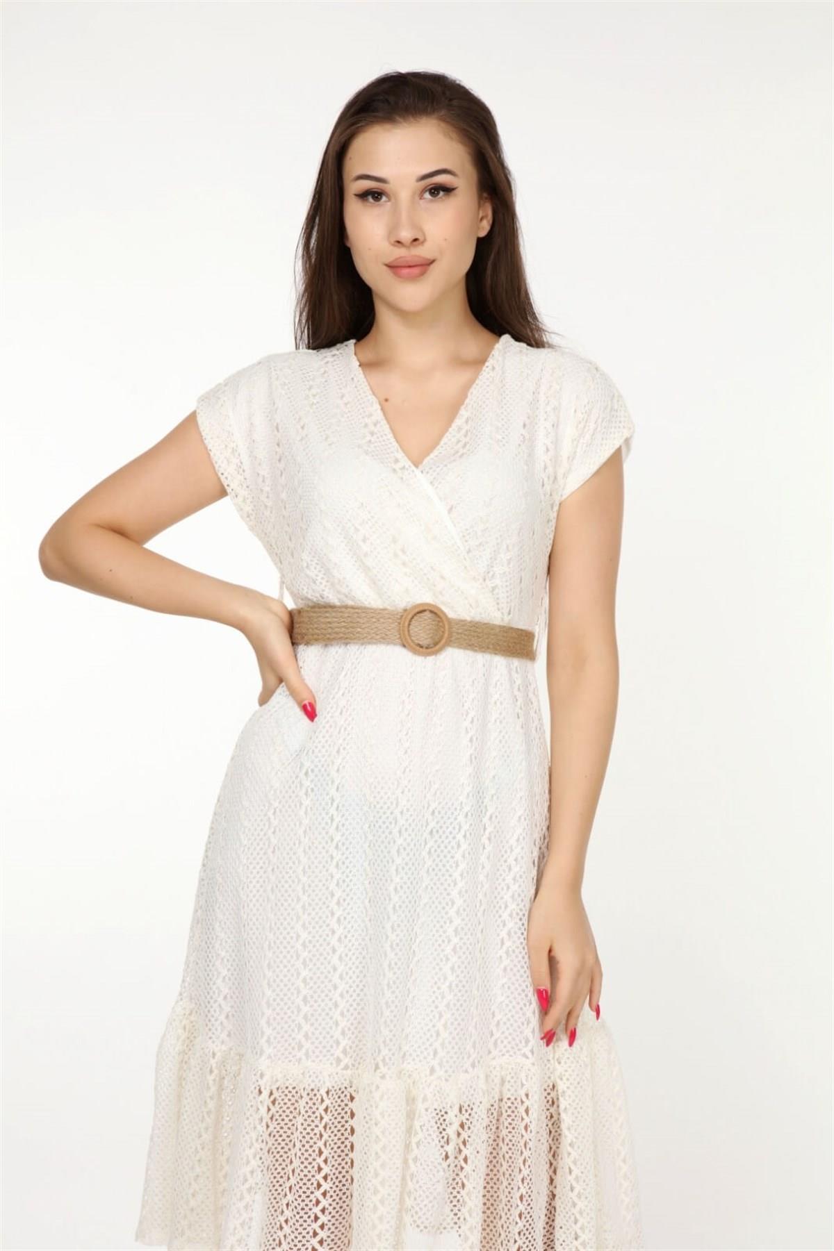 Dipmoda kadın kruvaze yaka kemer detaylı yazlık elbise DK0001