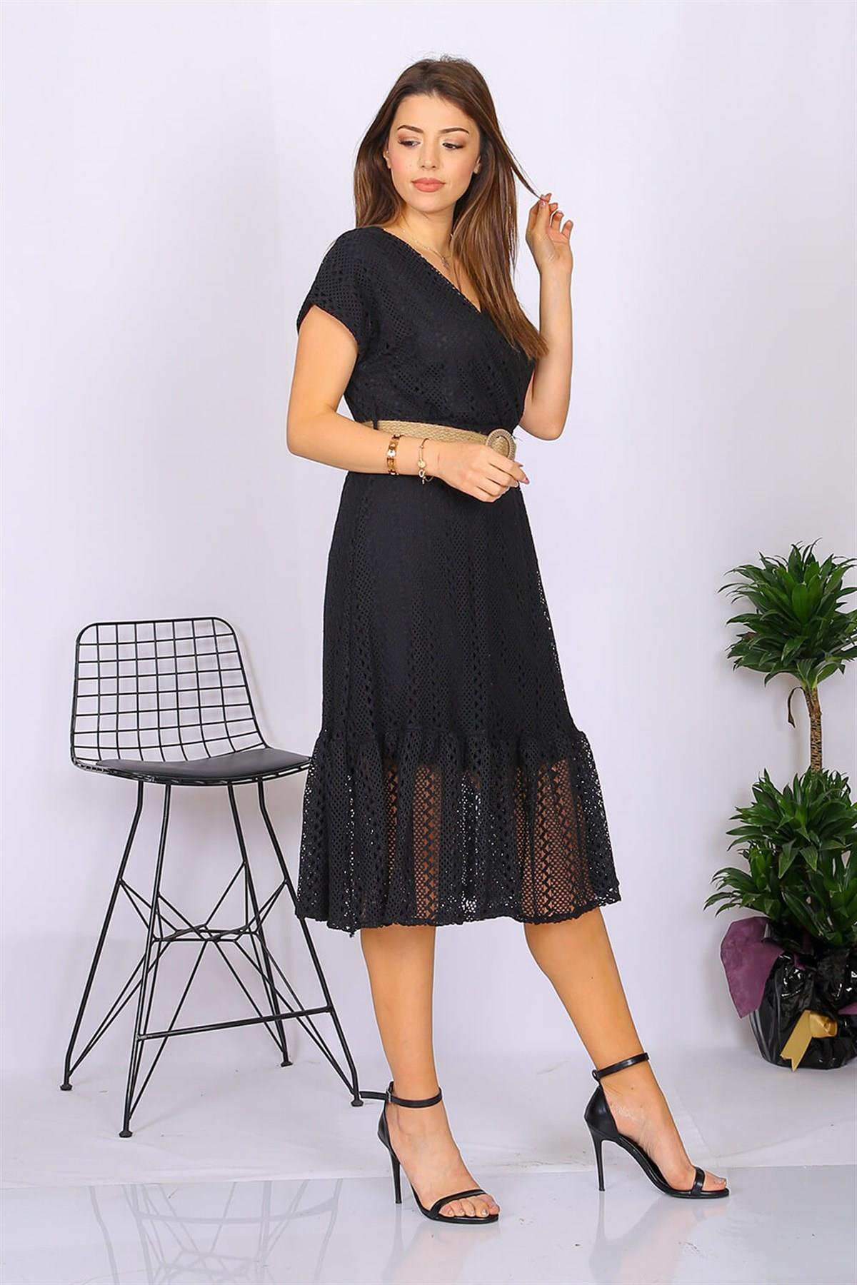 Dipmoda kadın kruvaze yaka kemer detaylı yazlık elbise DK0001