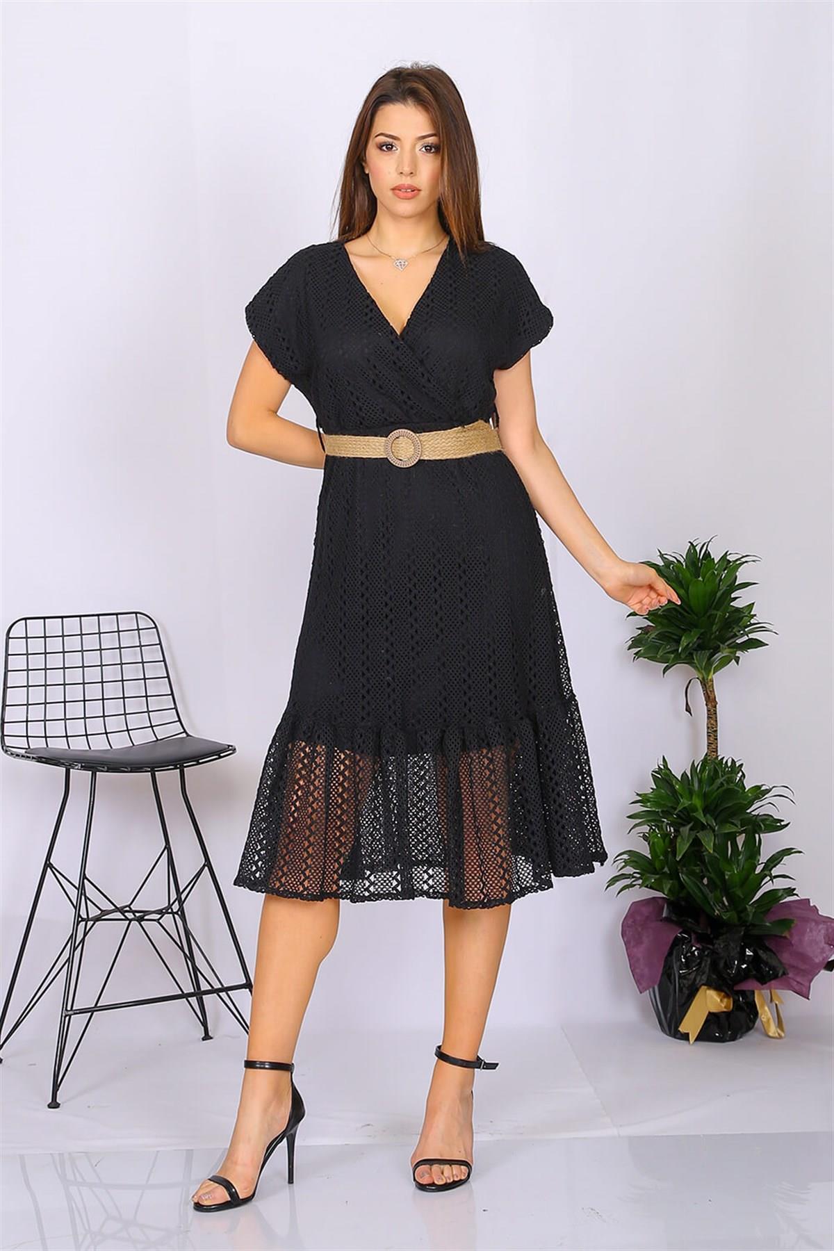 Dipmoda kadın kruvaze yaka kemer detaylı yazlık elbise DK0001