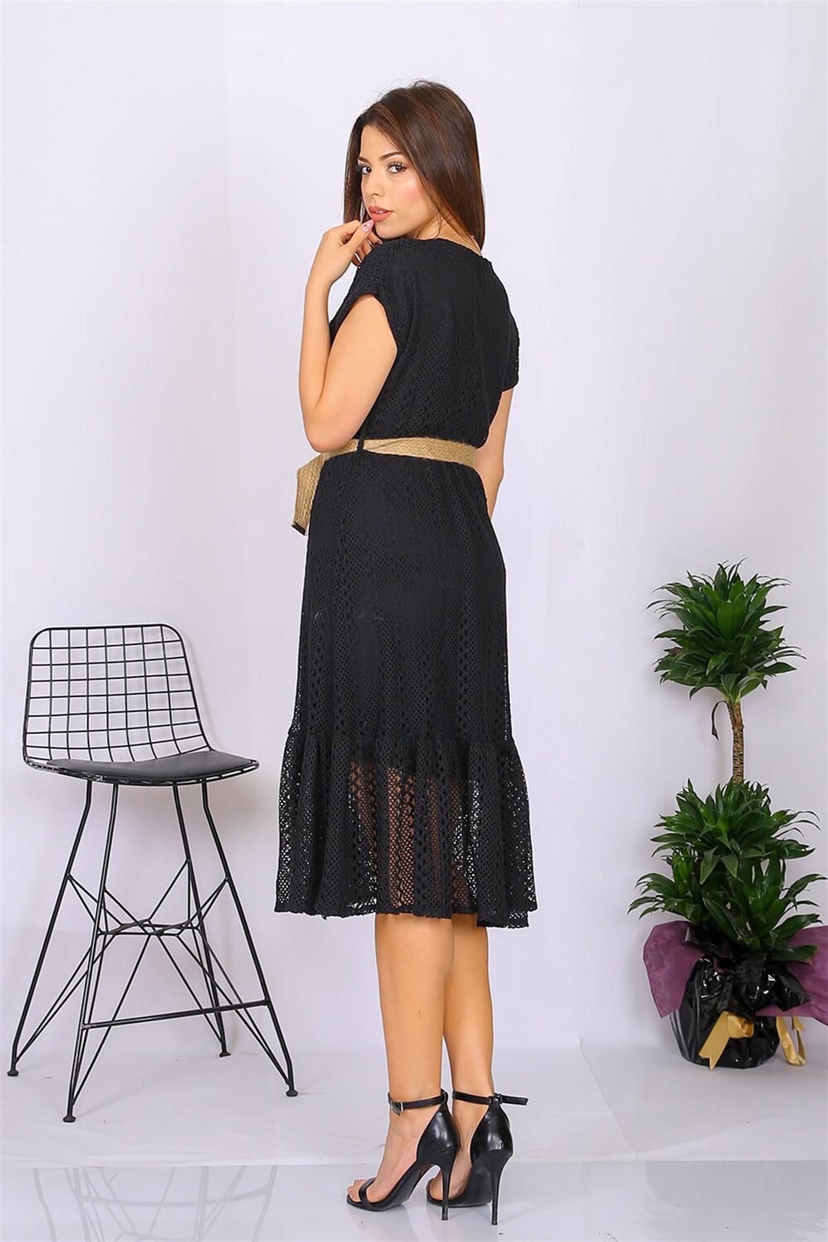 Dipmoda kadın kruvaze yaka kemer detaylı yazlık elbise DK0001