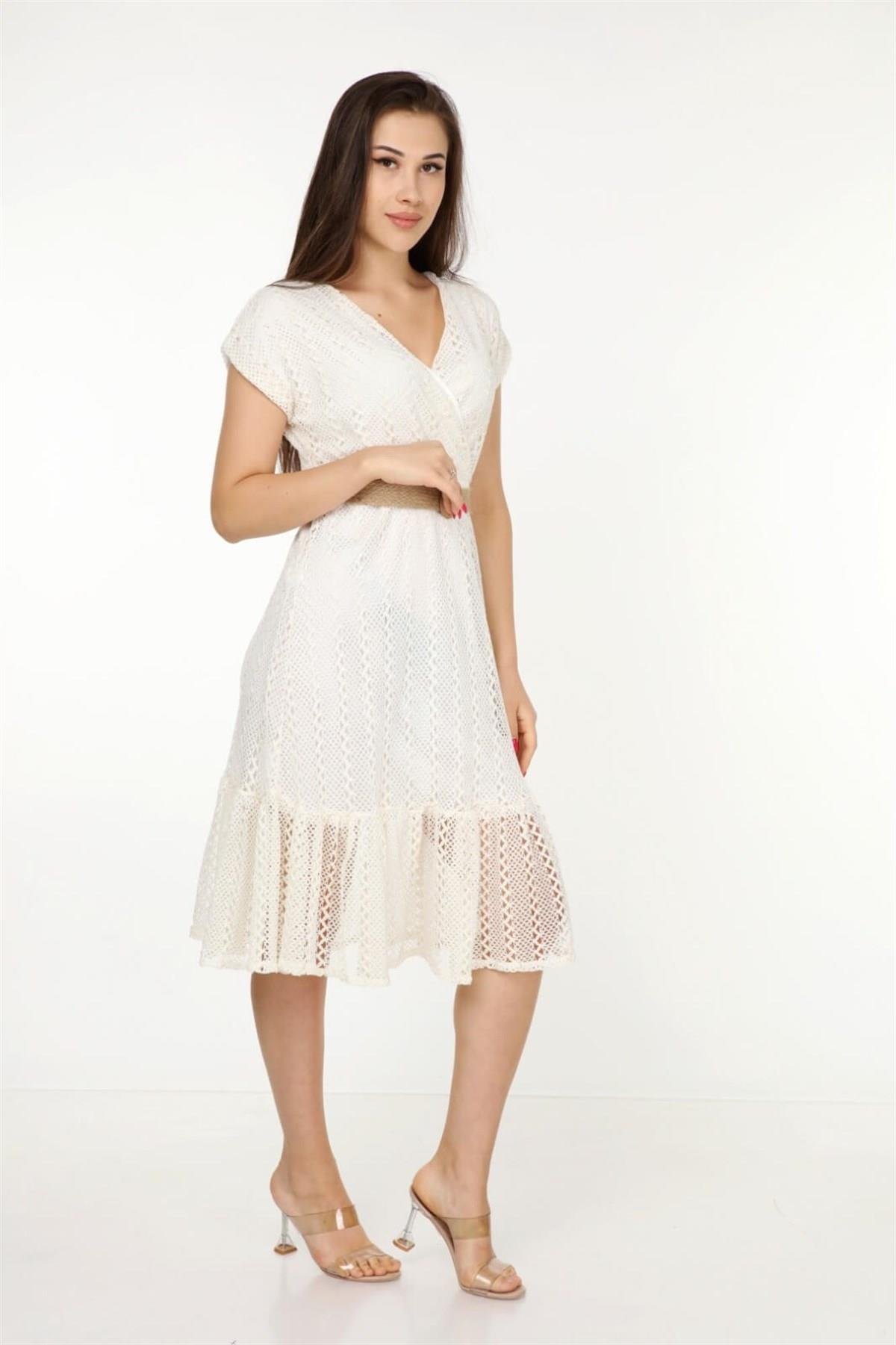 Dipmoda kadın kruvaze yaka kemer detaylı yazlık elbise DK0001