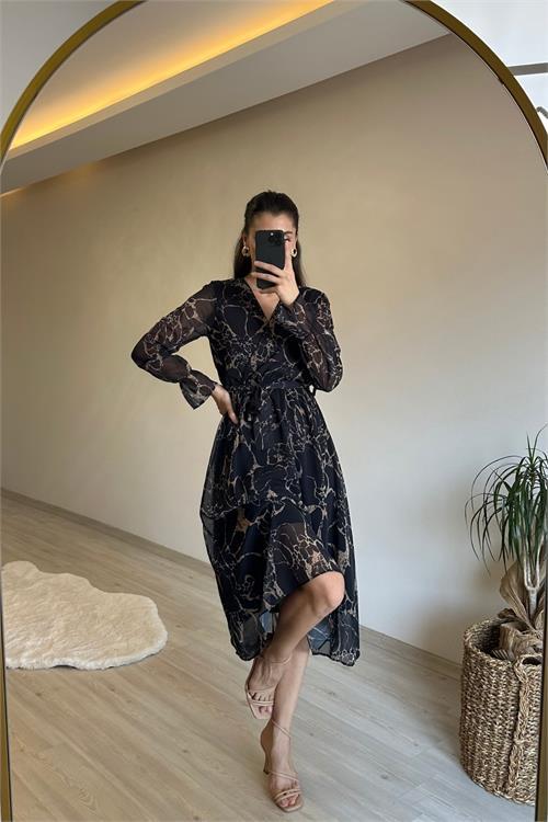 Dipmoda kadın kruvaze yaka mermer desen şifon midi elbise NM024