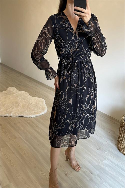 Dipmoda kadın kruvaze yaka mermer desen şifon midi elbise NM024