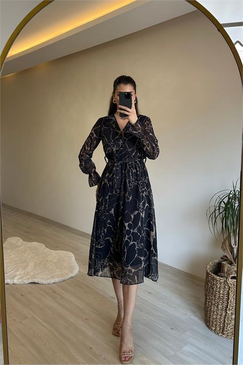 Dipmoda kadın kruvaze yaka mermer desen şifon midi elbise NM024