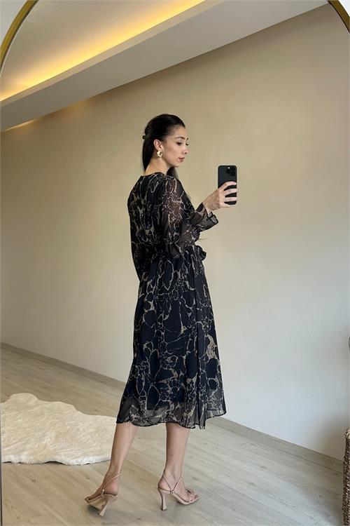 Dipmoda kadın kruvaze yaka mermer desen şifon midi elbise NM024