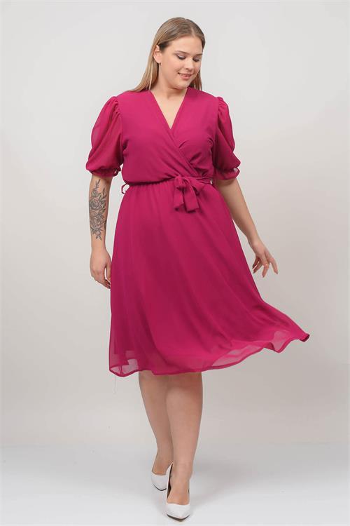 Dipmoda kadın kruvaze yaka midi boy büyük beden şifon elbise NB8062 