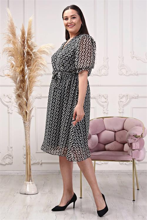 Dipmoda kadın kruvaze yaka midi boy büyük beden desenli şifon elbise NB80622 