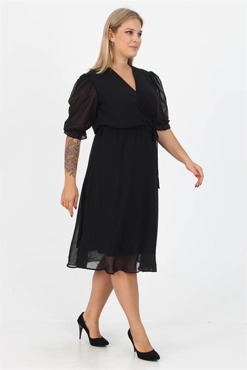 Dipmoda kadın kruvaze yaka midi boy büyük beden şifon elbise NB8062 