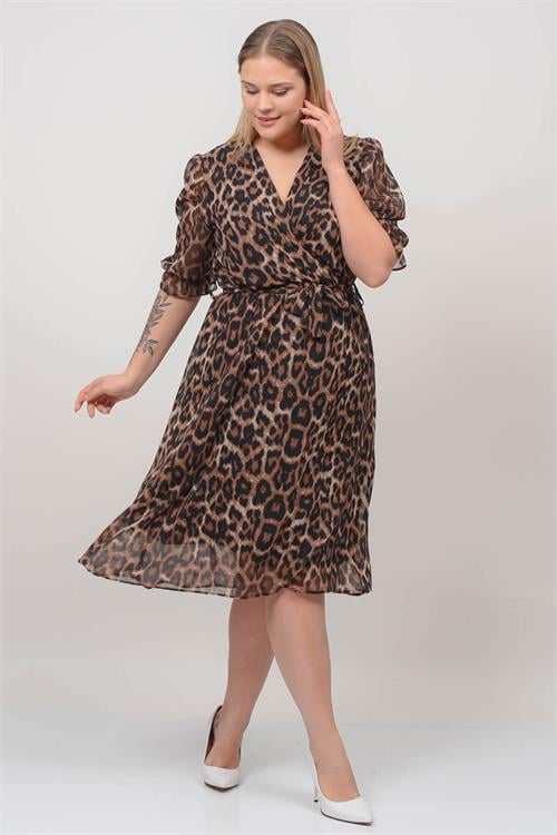 Dipmoda kadın kruvaze yaka midi boy büyük beden leopar Desenli şifon elbise NB80622 