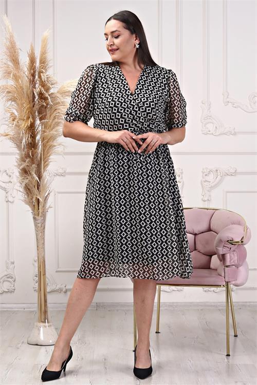 Dipmoda kadın kruvaze yaka midi boy büyük beden desenli şifon elbise NB80622 