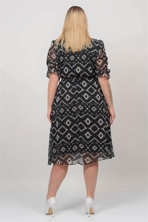 Dipmoda kadın kruvaze yaka midi boy büyük beden desenli şifon elbise NB80622 