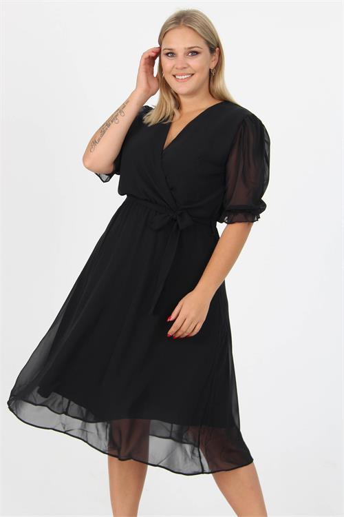 Dipmoda kadın kruvaze yaka midi boy büyük beden şifon elbise NB8062 