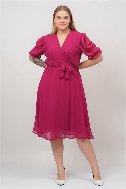 Dipmoda kadın kruvaze yaka midi boy büyük beden şifon elbise NB8062 