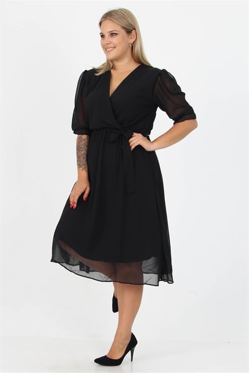 Dipmoda kadın kruvaze yaka midi boy büyük beden şifon elbise NB8062 