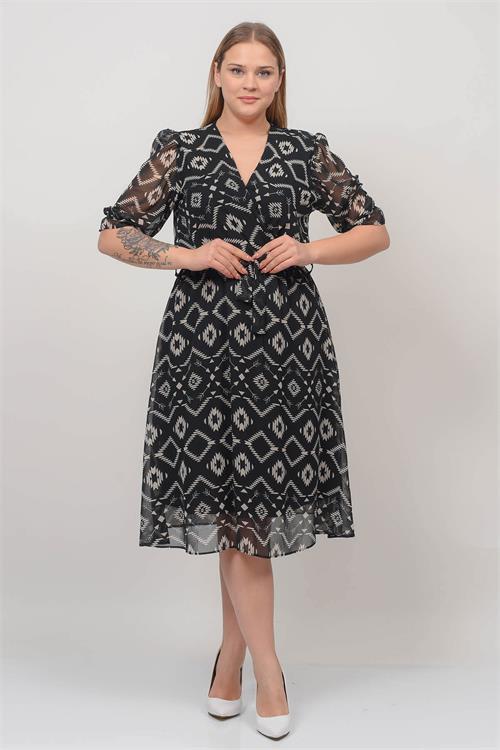Dipmoda kadın kruvaze yaka midi boy büyük beden desenli şifon elbise NB80622 