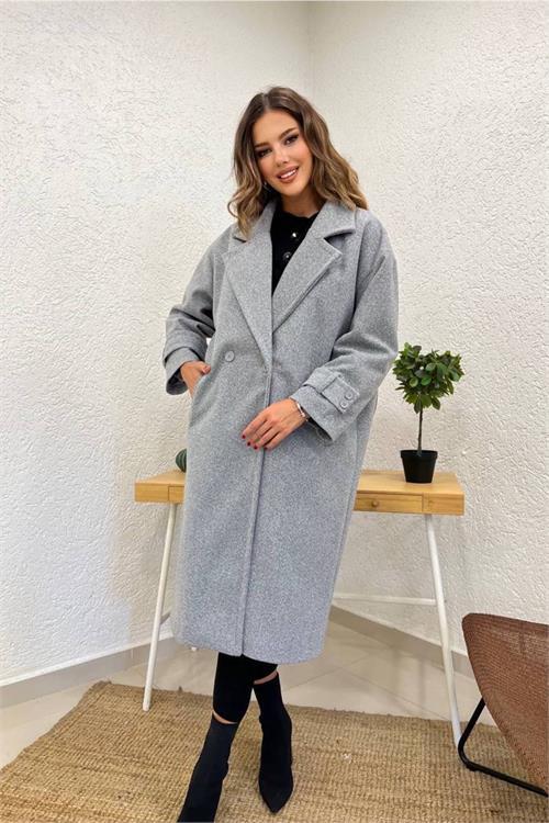 Dipmoda kadın kruvaze yaka midi boy kaşe kaban NBSHNZ09