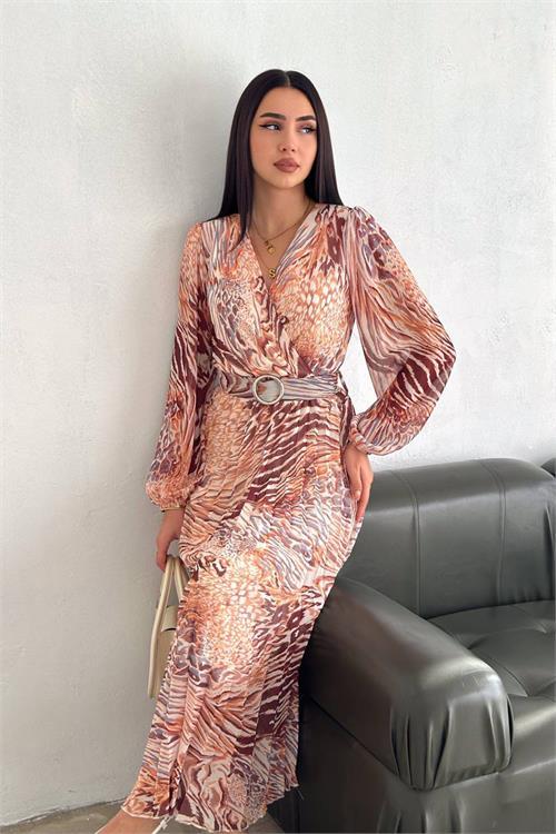 Dipmoda kadın kruvaze yaka piliseli midi şifon elbise DPNBK3029