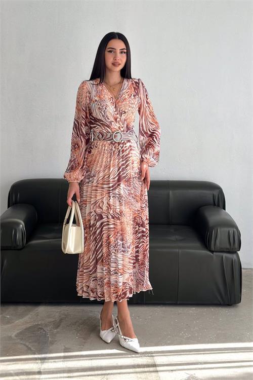 Dipmoda kadın kruvaze yaka piliseli midi şifon elbise DPNBK3029